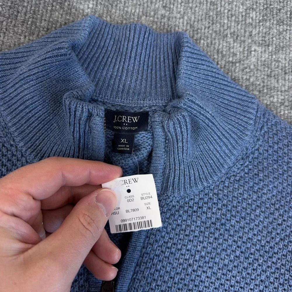 J.CREW Sweater Men XL Blue Pique Half Zip Soft Cotton 1/4 1/2 Waffle Knit NEW